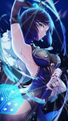 absurdres aqua_eyes arm_up armpits asymmetrical_gloves black_gloves blue_background blue_dress blue_hair breasts chinese_wolfberry cowboy_shot dark_blue_hair dice dress elbow_gloves fingerless_gloves genshin_impact gloves glowing glowing_eyes highres hip_vent medium_breasts mismatched_gloves parted_lips short_hair sleeveless sleeveless_dress smile string white_gloves yelan_(genshin_impact)