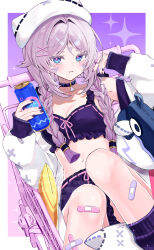 1girl absurdres bandaid bandaid_on_leg bare_shoulders black_choker blue_eyes braid breasts can choker citlali_(genshin_impact) crop_top facial_mark genshin_impact hair_ornament hairclip hat highres holding holding_can jacket jacket_partially_removed long_hair looking_at_viewer loose_socks medium_breasts navel pink_hair pink_pupils purple_shorts rinmel9 short_shorts shorts socks solo triangle triangle_facial_mark twin_braids white_hat x_hair_ornament
