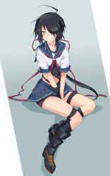 Rule 34 | ahoge, black hair, breasts, hair ornament, hair over one eye, hairclip, highres, kako (kancolle), kako kai ni (kancolle), kantai collection, kerchief, long hair, messy hair, midriff, parted bangs, pleated skirt, ponytail, school uniform, serafuku, simple background, skirt, solo, underboob, yamaioni (sasakama)