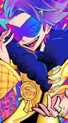 Rule 34 | 1boy, 22z3r0, coin, gholdengo, grey hair, jewelry, lear (pokemon), lear (sygna suit) (pokemon), looking at viewer, male focus, multicolor-tinted eyewear, nintendo, official alternate costume, pokemon, pokemon (creature), pokemon masters ex, ring, solo focus, teeth, tinted eyewear