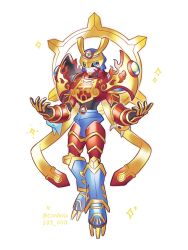 Rule 34 | 1boy, armor, blue armor, blue eyes, commentary, confeito000 333, digimon, digimon (creature), digimon frontier, full body, highres, male focus, red armor, simple background, solo, sparkle, susanoomon, symbol-only commentary, twitter username, white background