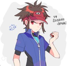 1boy blue_jacket brown_hair closed_mouth commentary_request hand_up highres holding holding_poke_ball jacket jiugong_chi looking_to_the_side male_focus nate_(pokemon) nintendo poke_ball poke_ball_(basic) pokemon pokemon_adventures red_eyes short_hair short_sleeves solo swimsuit swimsuit_under_clothes translation_request upper_body visor_cap zipper_pull_tab