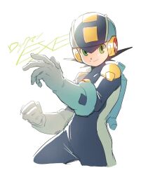 1boy blue_bodysuit blue_helmet bodysuit character_name copyright_name cowboy_shot green_eyes helmet highres male_focus mega_man_(series) mega_man_battle_network_(series) megaman.exe netnavi noro_zt simple_background smile solo white_background