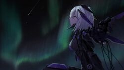 Rule 34 | 1girl, aurora, breasts, cable, chin guard, chinese commentary, commentary, cyborg, from side, hair ornament, headgear, highres, joints, looking up, mechanical arms, mechabare, mechanical wings, medium breasts, medium hair, night, night sky, one side up, profile, punishing: gray raven, robot joints, rosetta: rigor (pgr), rosetta (pgr), shooting star, sky, solo, star (sky), upper body, white hair, wings, x hair ornament, yellow eyes, zhou huan (dgpe2833)
