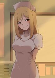1girl absurdres blonde_hair breasts brown_eyes commentary_request dress evening hat highres higurashi_no_naku_koro_ni indoors large_breasts long_hair looking_at_viewer nurse nurse_cap poyadevil smile solo takano_miyo white_dress white_hat