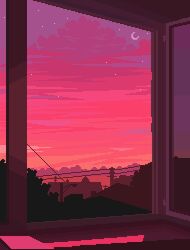 city cloud cloudy_sky crescent eastblueace highres house mountainous_horizon no_humans open_window original outdoors pink_theme pixel_art power_lines scenery sky star_(sky) starry_sky sunset tree window window_light windowsill