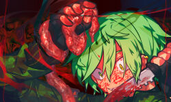 1boy arm_up black_gloves blood blood_on_face blood_on_hands bloody_knife ear_piercing fingerless_gloves flippy_(happy_tree_friends) gloves green_hair green_jacket grin guro hair_between_eyes happy_tree_friends highres holding holding_knife intestines jacket knife long_sleeves male_focus omoyu_(nakyu715) personification piercing portrait sharp_teeth short_hair smile solo teeth wide-eyed yellow_eyes