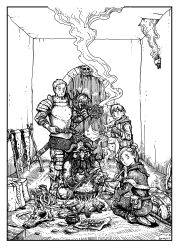 :t armor artist_name backpack bag border bowl chilchuck_tims cooking dated donguri_(gigldfier) door dungeon_meshi eating facial_hair fake_horns fighting_fantasy fire greyscale helm helmet highres horned_helmet horns jar knife laios_touden long_hair looking_at_viewer looking_back marcille_donato marushiru monochrome multiple_boys parody pointy_ears porch pot russ_nicholson_(style) scarf seiza senshi_(dungeon_meshi) short_hair signature sitting skewer smoke spoon style_parody sword tirchac_(dungeon_meshi) torch unworn_backpack unworn_bag weapon