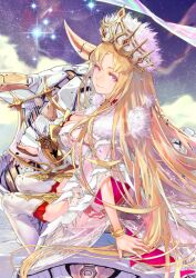 Rule 34 | 1girl, arm at side, arm support, bow, bracelet, breasts, bull, cleavage, closed mouth, constellation, constellation request, crown, detached leggings, europa (fate), fate/grand order, fate (series), feet out of frame, fingernails, from side, fur-trimmed shawl, fur trim, game cg, garter straps, gold bracelet, hand up, high collar, holding, holding harp, holding instrument, instrument, jewelry, large breasts, long hair, looking at viewer, looking to the side, non-humanoid robot, official art, parted bangs, pink nails, purple eyes, redjuice, robot, robot animal, see-through clothes, see-through shawl, shawl, sideboob, sidesaddle, sitting, smile, solo, sparkle, star (sky), starry sky background, third-party source, white shawl, yellow bow