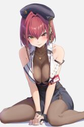1girl bare_shoulders between_legs black_bra black_gloves black_headwear black_pantyhose black_skirt blush bra bra_peek breasts breasts_squeezed_together cleavage closed_mouth collarbone collared_shirt commentary fingerless_gloves gloves gold_necklace hair_intakes heart heart_necklace heterochromia highres hololive houshou_marine houshou_marine_(businesswoman) jewelry large_breasts lips looking_at_viewer necklace official_alternate_costume official_alternate_hair_length official_alternate_hairstyle open_clothes open_shirt pantyhose red_eyes red_hair reulem see-through_clothes see-through_cleavage shirt short_hair simple_background sitting skirt sleeveless sleeveless_shirt smile underwear virtual_youtuber wariza white_background white_shirt yellow_eyes