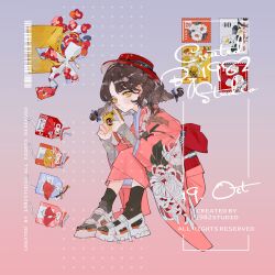 1girl :/ artist_name bag barcode belt black_ribbon black_socks boater_hat bow braid bright_pupils brown_hair camera chinese_commentary chrysanthemum_print closed_mouth earrings expressionless floral_print floral_print_kimono flower full_body gradient_background grey_arm_warmers grey_background hair_ribbon handbag hat hat_belt highres holding holding_camera japanese_clothes jewelry kimono knees_up long_sleeves looking_at_viewer medium_hair nickel_nike obi omamori original pink_background pink_kimono postage_stamp print_kimono red_flower red_hat red_sash ribbon sandals sash sitting socks solo stud_earrings swept_bangs twin_braids white_belt white_bow white_pupils white_sandals yellow_eyes