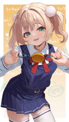 Rule 34 | 1girl, absurdres, blonde hair, ch1ckpyo, crime prevention buzzer threat, dress, green eyes, highres, looking at viewer, pinafore dress, shigure ui (vtuber), shigure ui (vtuber) (young), shukusei!! loli-kami requiem, sleeveless, sleeveless dress, solo, talking, thighhighs, virtual youtuber, zettai ryouiki