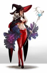 Rule 34 | 1girl, belt, belt buckle, black bra, black cape, black eyes, black hat, bra, breasts, brown hair, buckle, cape, cleavage, collar, commentary request, frills, hat, holding, holding staff, large breasts, long hair, navel, original, pants, red bra, red pants, simple background, solo, staff, stomach, tahra, two-tone bra, underwear, white background, white belt, white collar, witch, witch hat