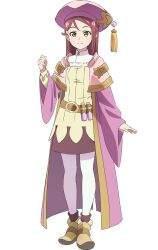 1girl brown_shoes brown_skirt coat full_body genjitsu_no_yohane hair_ornament hairclip half_updo hat hat_tassel highres long_hair long_sleeves love_live! love_live!_sunshine!! miniskirt official_art open_clothes open_coat pantyhose pink_coat pink_hat red_hair riko_(genjitsu_no_yohane) sakurauchi_riko shirt shoes simple_background skirt solo standing tachi-e transparent_background white_pantyhose yellow_eyes yellow_shirt