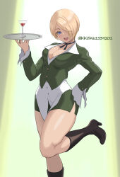 1girl blonde_hair blue_eyes boots bottle breasts buttons commentary_request elizabeth_(kof) employee_uniform hair_over_one_eye happy highres holding holding_tray jewelry kkzk61539201 large_breasts long_sleeves looking_at_viewer miniskirt open_mouth shirt short_hair signature skirt smile solo standing the_king_of_fighters tray twitter_username vest waiter waitress white_shirt