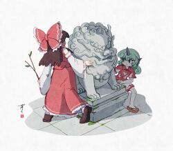 2girls ay606078 bow branch brown_hair brown_shoes chinese_commentary closed_mouth curly_hair detached_sleeves frilled_bow frilled_hair_tubes frills green_eyes green_hair hair_bow hair_tubes hakurei_reimu hashtag-only_commentary hiding highres holding holding_branch horns kariyushi_shirt komainu komainu_ears komainu_girl komano_aunn long_hair mixed-language_commentary multiple_girls red_bow red_shirt red_skirt ribbon-trimmed_sleeves ribbon_trim sandals shirt shoes short_sleeves shorts signature single_horn skirt skirt_set touhou white_shorts