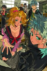 absurdres bleach brown_hair desk gakuran green_eyes gyaru highres hinamori_momo hitsugaya_toushirou ichimaru_gin matsumoto_rangiku multiple_boys multiple_girls school school_desk school_uniform white_hair xi_luo_an_ya