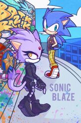 1boy 1girl absurdres animal_ears azulila black_jacket black_pants blaze_the_cat blue_sky bracelet cat_ears cat_girl cat_tail cloud cross cross_earrings earrings forehead_jewel furry furry_female furry_male green_eyes hands_in_pockets highres jacket jewelry looking_at_viewer looking_back pants punk sky smile sonic_(series) sonic_rush sonic_the_hedgehog spiked_bracelet spikes star_(symbol) star_earrings studded_jacket tail wisp_(sonic) yellow_eyes yellow_pants