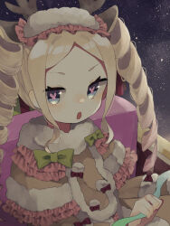 1girl alternate_costume banira_shio beatrice_(re:zero) blonde_hair blue_eyes butterfly-shaped_pupils drill_hair hat highres looking_at_viewer open_mouth outdoors pink_pupils re:zero_kara_hajimeru_isekai_seikatsu sitting sky sleigh solo star_(sky) starry_sky symbol-shaped_pupils twin_drills