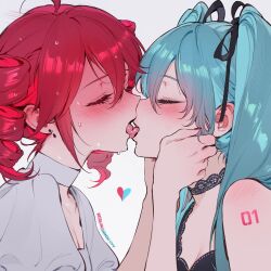 2girls ahoge aqua_eyes aqua_hair arm_tattoo bare_shoulders black_choker black_dress black_ribbon blush breasts choker cleavage closed_eyes collarbone commentary_request dress drill_hair ear_blush fingernails french_kiss hair_ribbon hatsune_miku heart highres imminent_kiss kasane_teto kiss lace lace_choker long_hair medium_hair mole mole_on_collarbone multiple_girls nail_polish number_tattoo pink_eyes pink_hair pink_nails qiandaiyiyu ribbon shoulder_blush simple_background sweat tattoo tongue tongue_out twin_drills twintails utau vocaloid white_background white_dress yuri