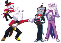 Rule 34 | 4boys, ant tenna, black coat, black pants, blue eyes, blue pupils, blue shoes, bow, bowtie, caine (the amazing digital circus), cane, coat, colored sclera, crt, cuphead (game), deltarune, dentures, dice, eyeball, facial hair, full body, gloves, green eyes, hat, hazbin hotel, holding, holding cane, holding microphone, iduhara jugo, king dice, male focus, microphone, mini hat, multiple boys, mustache, necktie, open clothes, open coat, outstretched arm, pants, pointing, pointing at another, red bow, red bowtie, red sclera, shirt, shoes, simple background, smile, standing, striped clothes, striped shirt, tailcoat, teeth, television, the amazing digital circus, trait connection, vest, vox (hazbin hotel), white background, white gloves, white shoes, yellow necktie, yellow shoes