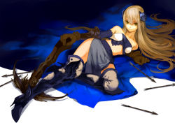 Rule 34 | 1girl, boots, bow (weapon), brown hair, crossbow, female focus, full body, gloves, jimu kaji, kajimiya (kaji), long hair, lying, on side, solo, thigh boots, thighhighs, weapon