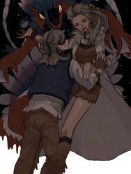 1boy 1girl :d arven_(pokemon) bangle black_background black_hair blue_vest boots bracelet brown_hair closed_eyes coat crop_top feet_out_of_frame fur-trimmed_coat fur_boots fur_trim hair_over_one_eye hair_slicked_back highres holding holding_poke_ball jewelry koraidon lab_coat light_particles long_hair looking_at_another master_ball midriff mother_and_son multicolored_hair muted_color naranja_academy_school_uniform necklace nintendo one_eye_covered open_clothes open_coat open_mouth orange_boots orange_pants orange_shirt orange_shorts palms_together pants parted_lips pinstripe_pants pinstripe_pattern poke_ball pokemon pokemon_(creature) pokemon_sv profile ramuniku_ooo sada_(pokemon) school_uniform shirt shorts simple_background smile streaked_hair striped tears tooth_necklace two-tone_background untucked_shirt vest white_background white_coat white_shirt wristband