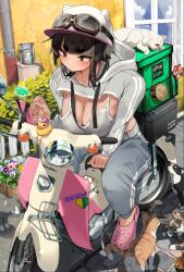 1girl absurdres animal black_hair bra breasts brown_eyes cat cellphone cleavage commentary_request goggles goggles_on_headwear grey_bra grey_jacket hat highres honda_super_cub hood hooded_jacket jacket jovejun large_breasts original phone pink_shoes sanpaku shoes sitting solo tsubomioka_happa underwear white_hat