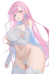 1girl absurdres arm_under_breasts bare_shoulders blue_eyes blue_hair braid breasts cable_knit chiromi commission cowboy_shot detached_sleeves earrings garter_straps highres huge_breasts jewelry long_hair long_sleeves looking_at_viewer meme_attire multicolored_hair navel open_mouth original panties pink_hair revealing_clothes ribbed_panties ribbed_sleeves sideboob simple_background solo stomach string_panties thighhighs turtleneck two-tone_hair underwear very_long_hair virgin_destroyer_sweater white_background white_panties white_thighhighs
