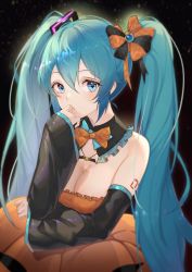 Rule 34 | 1girl, absurdres, alternate costume, aqua eyes, aqua hair, arm under breasts, bare shoulders, bat necklace, black background, blurry, bow, bowtie, breasts, cleavage, closed mouth, depth of field, detached collar, detached sleeves, dress, frilled dress, frills, hair between eyes, halloween, halloween costume, hatsune miku, highres, jack-o&#039;-lantern print, jewelry, large breasts, light particles, long hair, long sleeves, looking at viewer, necklace, orange dress, simple background, sleeves past wrists, solo, strapless, strapless dress, twintails, very long hair, vocaloid, zuiai gongzhu dianxia