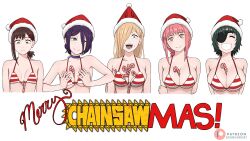 Rule 34 | 5girls, absurdres, arms behind back, bikini, black choker, black hair, blonde hair, breasts, breasts squeezed together, brown eyes, brown hair, chainsaw man, choker, cleavage, cross-shaped pupils, demon girl, demon horns, dismaiden, eyepatch, green eyes, hair ornament, hair over one eye, hairclip, hands on own breasts, higashiyama kobeni, highres, himeno (chainsaw man), horns, horns through headwear, large breasts, looking at viewer, makima (chainsaw man), medium breasts, merry christmas, multiple girls, patreon logo, patreon username, pink hair, ponytail, power (chainsaw man), purple hair, red headwear, red horns, reze (chainsaw man), short hair, small breasts, striped bikini, striped clothes, swimsuit, symbol-shaped pupils, yellow eyes