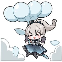 Rule 34 | 1girl, ^ ^, artist request, bare shoulders, bead bracelet, beads, black bow, black bowtie, black gloves, black pantyhose, blue flower, blue skirt, blunt bangs, blush stickers, bow, bowtie, bracelet, chibi, closed eyes, cloud, floating hair, floral memory (infinity nikki), floral print, flower, flying, frilled gloves, frilled shirt, frills, gloves, grey hair, hair bow, hand up, happy, high-waist skirt, holding, holding flower, infinity nikki, jewelry, long hair, lowres, medium skirt, nikki (series), no shoes, official art, open mouth, oversized flower, pantyhose, petals, pleated skirt, ponytail, shirt, sitting, skirt, sleeveless, sleeveless shirt, smile, solo, transparent background, waving, white shirt