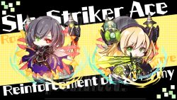 2girls az_(colorb05) black_coat blonde_hair character_name chibi coat duel_monster full_body green_eyes grey_hair heterochromia holding holding_sword holding_weapon multiple_girls red_eyes reinforcement_of_the_army simple_background sky_striker_ace_-_raye sky_striker_ace_-_roze sword weapon yellow_background yu-gi-oh!