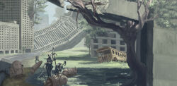 1boy 1girl 2b_(nier:automata) 9s_(nier:automata) absurdres black_blindfold black_dress black_gloves black_hairband black_thighhighs blindfold boots breasts building bus carrying cityscape clothing_cutout covered_eyes cruel_oath day dress feather-trimmed_sleeves feather_trim gloves hairband highres holding inspecting juliet_sleeves long_sleeves mechanical_arms motor_vehicle nier:automata nier_(series) nukakarubepu overgrown pod_(nier:automata) puffy_sleeves robot robot_parts ruins scenery shadow short_hair shorts single_mechanical_arm sky skyscraper squatting standing thighhighs thighhighs_under_boots tree virtuous_contract virtuous_treaty weapon white_hair