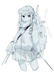 Rule 34 | 1girl, :d, absurdres, alternate costume, coat, commentary request, cowboy shot, fubuki (kancolle), goggles, goggles on head, greyscale, hair over one eye, highres, holding, holding turret, kantai collection, long sleeves, looking at viewer, ma rukan, mast, medium hair, monochrome, open mouth, pleated skirt, rigging, scarf, ship turret, sidelocks, signature, simple background, sketch, skirt, smile, solo, standing, turret, white background, winter clothes