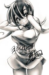 1girl belt breasts closed_mouth dress duel_masters greyscale large_breasts long_hair looking_at_viewer monochrome short_dress simple_background skirt smile solo standing tasogare_mimi white_background yoshikage_(yo4kage)