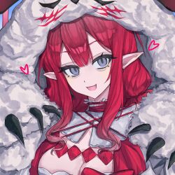 1girl baobhan_sith_(fate) baobhan_sith_(swimsuit_pretender)_(first_ascension)_(fate) bozhidouquannengkendingbot breasts cernunnos_(fate) character_hood cleavage detached_collar earrings fate/grand_order fate_(series) grey_eyes headwear_with_attached_mittens highres jewelry looking_at_viewer pointy_ears sidelocks smile solo upper_body