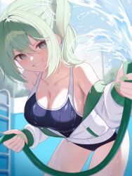 1girl absurdres bare_shoulders blue_one-piece_swimsuit blurry blurry_background breasts cleavage collarbone commentary_request empty_pool green_eyes green_hair green_nails grin hair_ornament highres holding holding_hose hose jacket korean_commentary large_breasts leaning_forward long_hair long_sleeves looking_at_viewer nail_polish off_shoulder one-piece_swimsuit pool side_ponytail sidelocks smile solo stellive swimsuit thighs v-shaped_eyebrows virtual_youtuber water wet white_jacket yt9676 yuzuha_riko