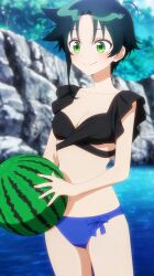anime_screenshot belly bikini black_bra blue_panties bra breasts cleavage food fruit midriff midriff_peek navel panties shiunji-ke_no_kodomotachi shiunji_minami short_hair small_breasts stitched stomach swimsuit third-party_edit underwear water watermelon