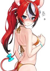 1girl anger_vein animal_ears back bikini black_hair blue_eyes blush bow bracelet breasts closed_mouth dorahd01 gold_bikini hakos_baelz highres hololive hololive_english jewelry long_hair looking_at_viewer medium_breasts mouse_ears mouse_girl mouse_tail multicolored_hair nose_blush ponytail pout red_hair simple_background solo streaked_hair swimsuit tail tail_bow tail_ornament virtual_youtuber white_background white_hair