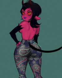 1girl ass ass_focus black_hair colored_sclera colored_skin colored_tongue demon_girl forbidden_pants gomisins green_background highres horns looking_at_another looking_at_viewer meme_attire multicolored_pants original paisley_print pants print_pants purple_tongue red_horns red_sclera red_skin solo tongue tongue_out yellow_eyes