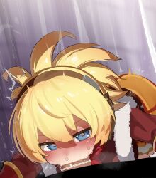 1boy 1girl absurdres bar_censor blonde_hair blue_eyes blush censored deepthroat fellatio fur-trimmed_jacket fur_trim heart heart-shaped_pupils hetero highres jacket looking_at_viewer megido72 mizumizuni oral penis red_jacket red_scarf scarf shax_(megido72) sweat symbol-shaped_pupils