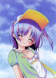 00s 1girl ^_^ blue_sky blush closed_eyes cloud day detached_sleeves eyebrows female_focus head_tilt long_sleeves magical_girl moetan pastel_ink pop puffy_short_sleeves puffy_sleeves purple_hair short_hair short_sleeves sky smile solo upper_body visor_cap