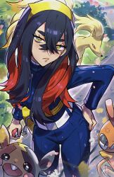 1girl absurdres aegyo_sal anger_vein arm_at_side black_hair blue_gakuran blueberry_academy_school_uniform breasts carmine_(pokemon) colored_inner_hair crossed_bangs eyelashes fox gen_1_pokemon gen_5_pokemon gen_8_pokemon hair_between_eyes hairband hamster hand_on_own_hip highres holding holding_poke_ball lizard long_hair long_sleeves mole mole_under_eye morpeko morpeko_(full) multicolored_hair ninetales nintendo poke_ball poke_ball_(basic) pokemon pokemon_(creature) pokemon_sv red_hair ryairyai school_uniform scrafty yellow_bag yellow_eyes yellow_hairband