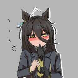 Rule 34 | 1girl, animal ears, black coat, black gloves, black shirt, blush, coat, collared shirt, ear tag, earrings, embarrassed, glove in mouth, gloves, grey background, hair between eyes, hands up, horse ears, horse girl, icey card, jewelry, long bangs, long hair between eyes, long sleeves, manhattan cafe (umamusume), mouth hold, multicolored hair, necktie, open clothes, open coat, shirt, simple background, single earring, solo, umamusume, unworn gloves, white hair, yellow eyes, yellow necktie
