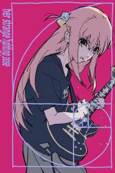 1girl black_shirt bloom_into_me15 bocchi_the_rock! cowboy_shot electric_guitar english_text from_side golden_spiral gotoh_hitori green_eyes grey_skirt guitar hair_bobbles hair_ornament highres holding holding_guitar holding_instrument hunched_over instrument kessoku_band_t-shirt long_hair looking_down motion_blur one_side_up open_mouth pink_background pink_hair playing_guitar playing_instrument print_shirt shirt short_sleeves shoulder_strap sidelocks simple_background skirt solo standing sweat t-shirt v-shaped_eyebrows