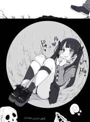 1boy 1girl blunt_bangs blush buried closed_mouth commentary_request demon_horns explosive full_body greyscale hands_up heart highres hole horns jirai_kei juliet_sleeves knees_up long_hair long_sleeves mine_(weapon) monochrome onuma_kuma original out_of_frame outdoors own_hands_together pleated_skirt puffy_sleeves pun shoes sitting skirt skull smile socks solo_focus stitches twintails walking