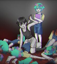6+boys arm_up barefoot basil_(headspace)_(omori) basil_(omori) black_eyes black_hair black_socks black_tank_top blood blue_overalls blush book bug clenched_teeth collarbone colored_skin corpse death double-parted_bangs grhm_0418 highres holding holding_book holding_knife kneehighs kneeling knife looking_at_another multiple_boys murder omori omori_(omori) open_mouth overall_shorts overalls shirt short_hair short_sleeves shorts smile socks spider spoilers striped_clothes striped_shorts t-shirt tank_top teeth vertical-striped_clothes vertical-striped_shorts white_shorts white_skin yellow_shirt