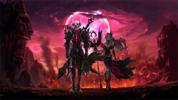 1boy 1girl armor artist_request black_armor black_dress black_gloves black_horns black_sclera black_shoes breasts burning burning_building cloud cloudy_sky colored_sclera commentary commentary_request corruption dark_lord_kasel_(king&#039;s_raid) dark_persona demon_horns demon_wings destruction dress elbow_gloves english_commentary fallen_frey_(king&#039;s_raid) fire floating_clothes floating_hair frey_(king&#039;s_raid) frown gloves grey_hair high_heels highres holding holding_staff horns kasel_(king&#039;s_raid) king&#039;s_raid korean_commentary medium_breasts mini_wings mixed-language_commentary moon multicolored_dress official_art purple_eyes red_dress red_eyes red_moon red_sky red_wings ruins second-party_source shoes sky spiked_armor staff sword sword_on_back walking weapon weapon_on_back wind wings