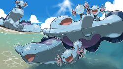 Rule 34 | :3, :d, blacknirrow, blue sky, closed eyes, closed mouth, commentary, day, evolutionary line, gen 2 pokemon, highres, lying, nintendo, o o, on head, on stomach, open mouth, outdoors, outline, pokemon, pokemon (creature), pokemon on head, quagsire, sky, smile, sun, swimming, underwater, water, white outline, wooper
